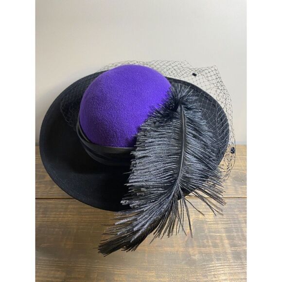 VTG Mr. Charles Michael Howard Women's Hat Feather Blk Purple Felted Wool 21.5” - Picture 3 of 8